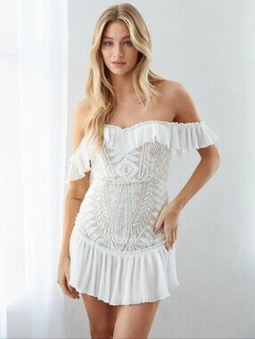 Saints + Secrets Off-Shoulder White Lace Mini Dress
